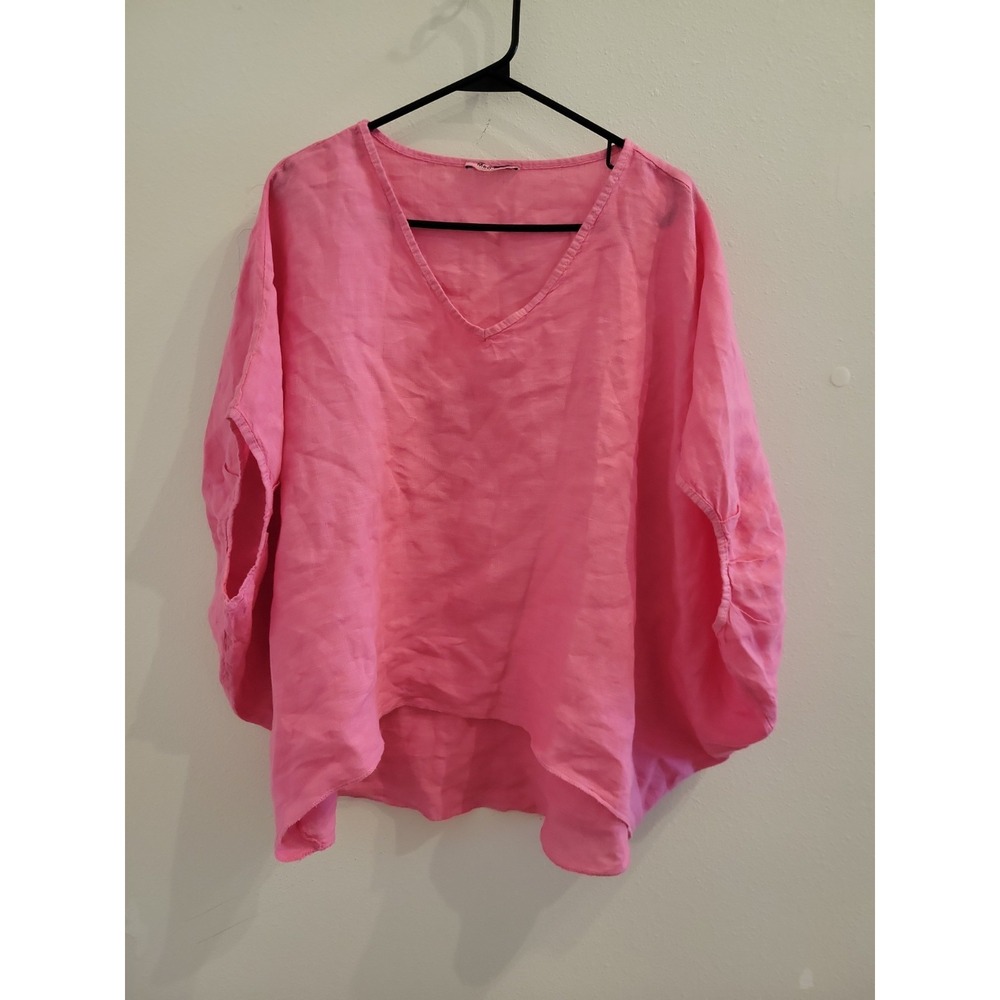Meo Meii Made In Italy One Size Flowy Summer Blouse Linen Pink V Neck Bat Wing